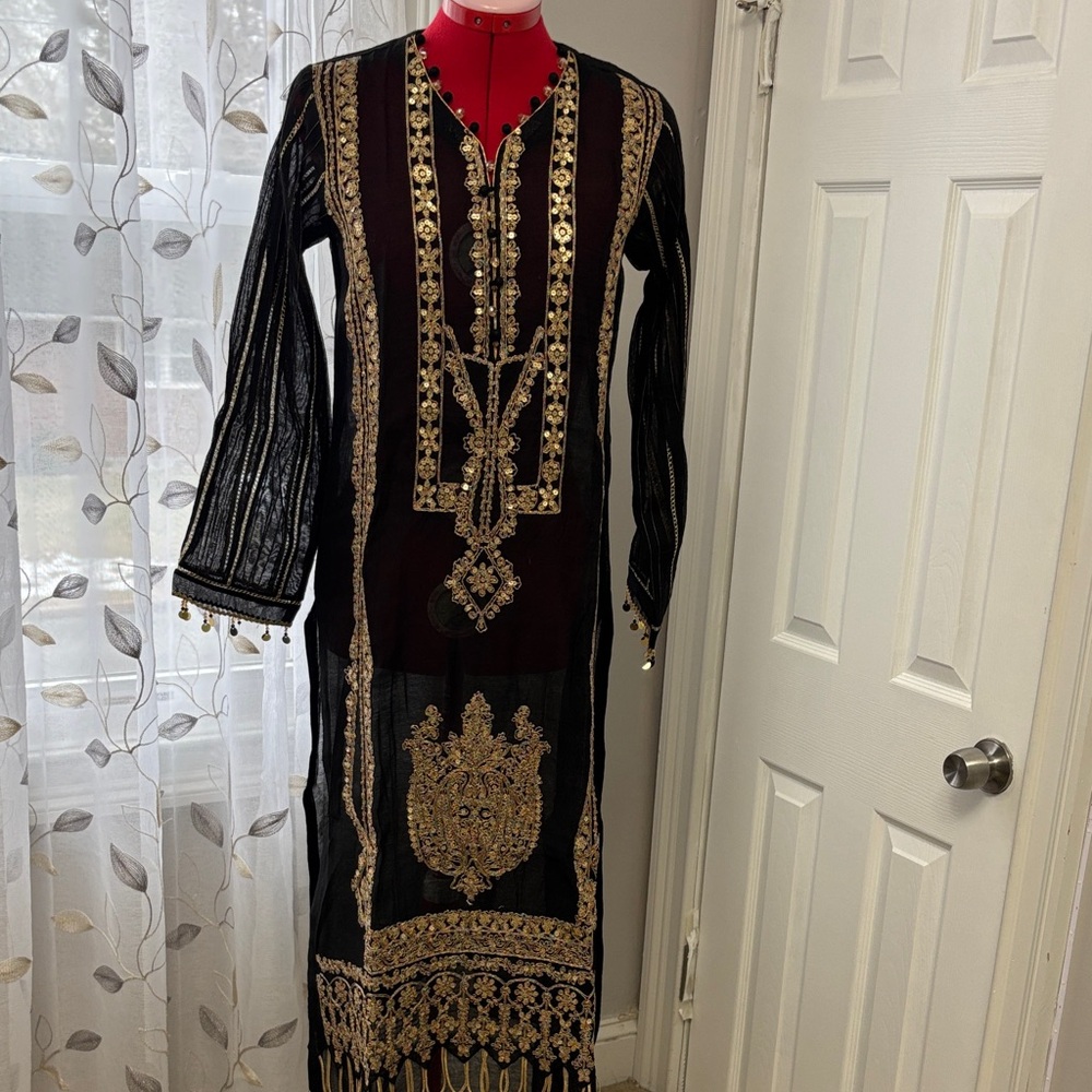 Black Sheer Embroidered Long Tunic Dress with Gold Accents
